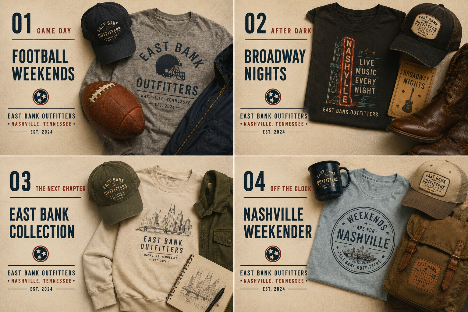 East Bank Outfitters Football Weekends, Broadway Nights, East Bank Collection, and Nashville Weekender apparel collections